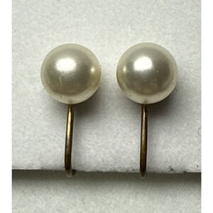 Vintage Richelieu Faux Pearl Huggie Clip On Earrings Gold Metal Brass Read